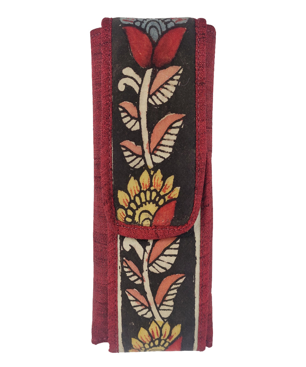 Red hand painted kalamkari ghicha silk cotton cosmetic pouch