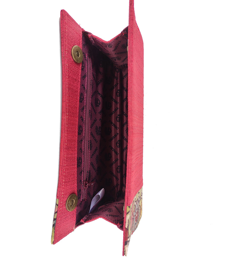 Red handcrafted kalamkari ghicha silk cotton clutch