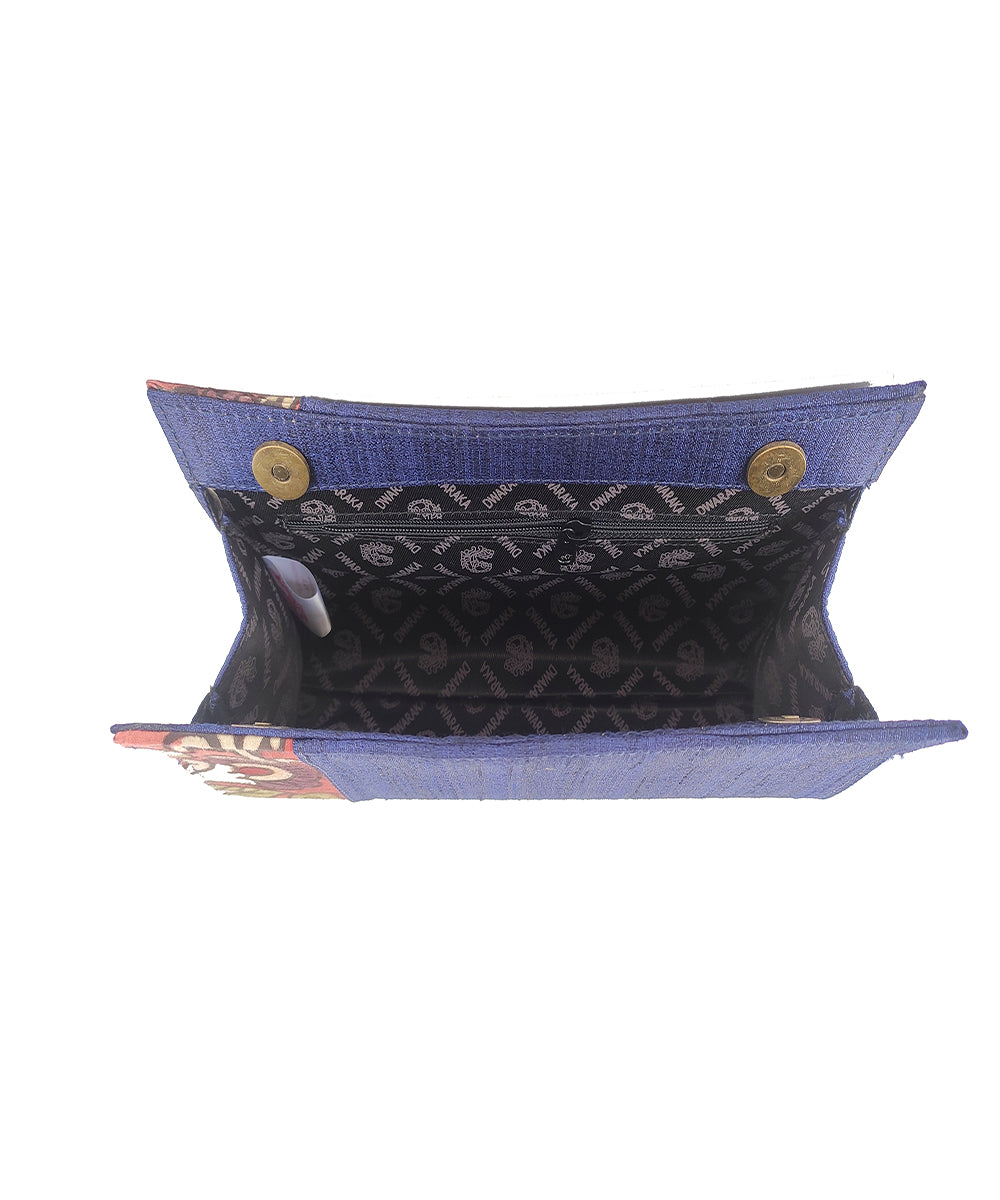 Blue handcrafted kalamkari ghicha silk cotton clutch