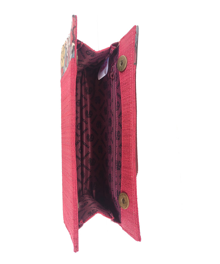 Maroon handcrafted kalamkari ghicha silk cotton clutch