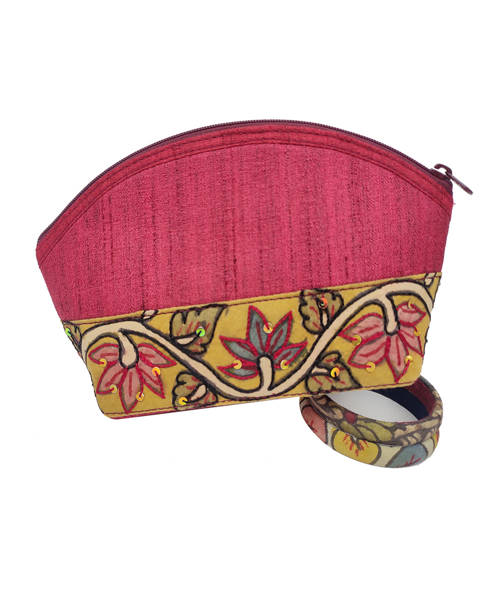 Red handcrafted ghicha silk cotton kalamkari cosmetic pouch