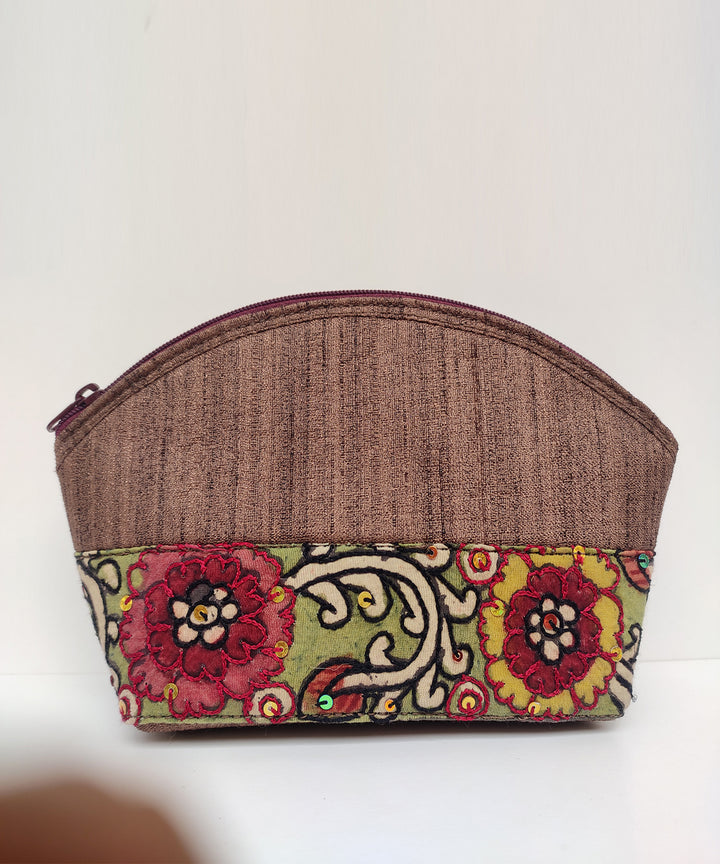 Brown handcrafted kalamkari ghicha silk cotton cosmetic pouch