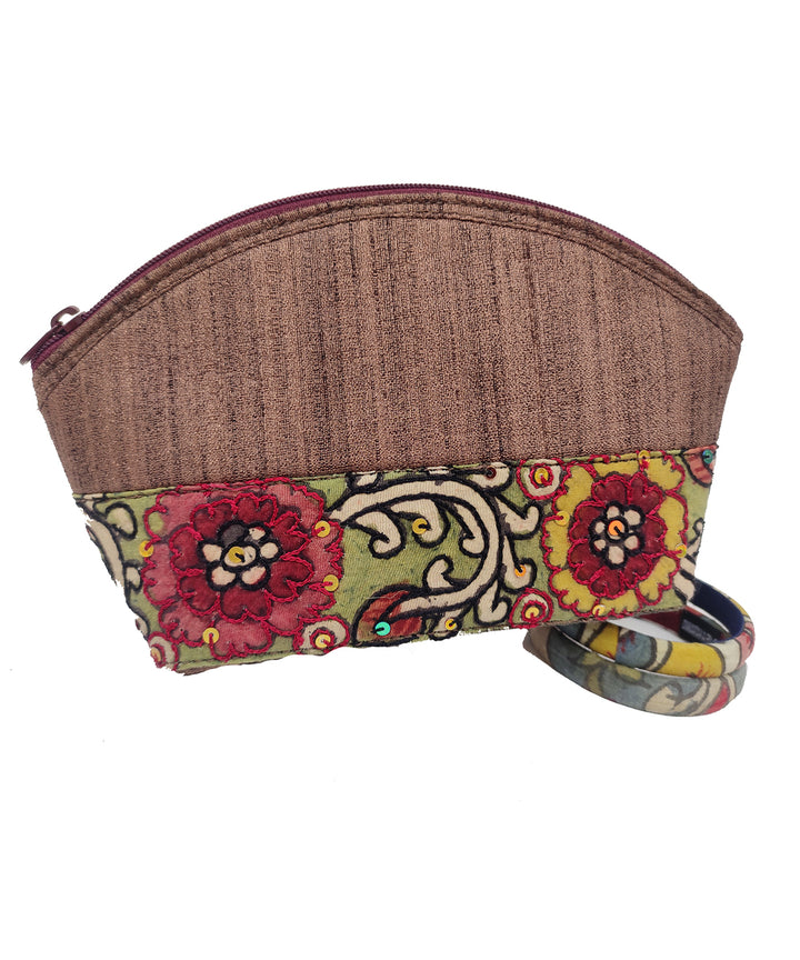 Brown handcrafted kalamkari ghicha silk cotton cosmetic pouch