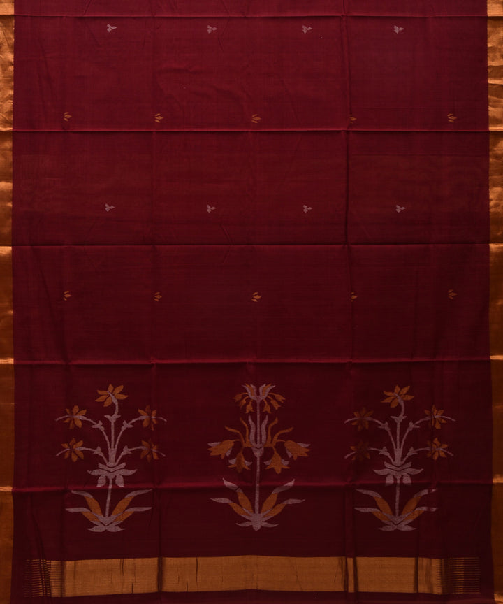 Maroon cotton handwoven handspun handwoven Srikakulam Jamdani saree