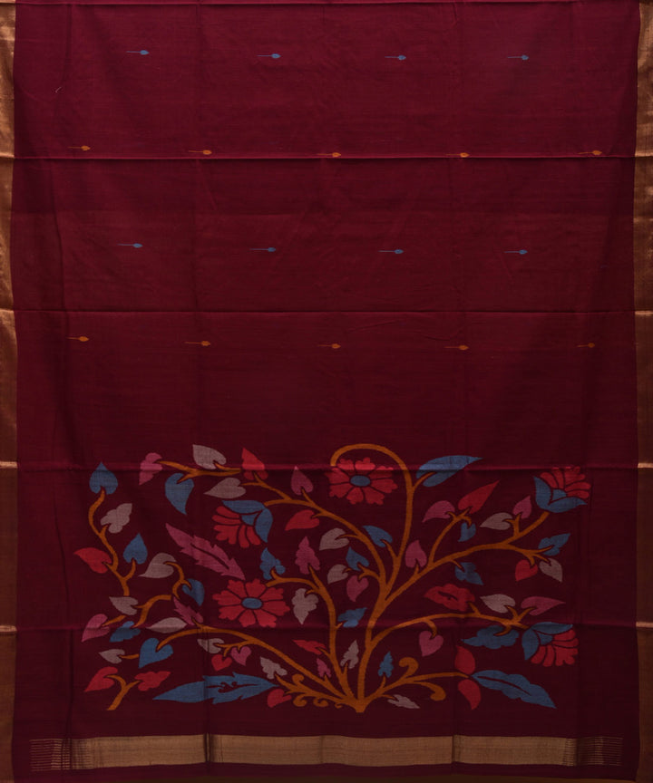 Maroon dark cotton handspun handwoven Srikakulam Jamdani saree