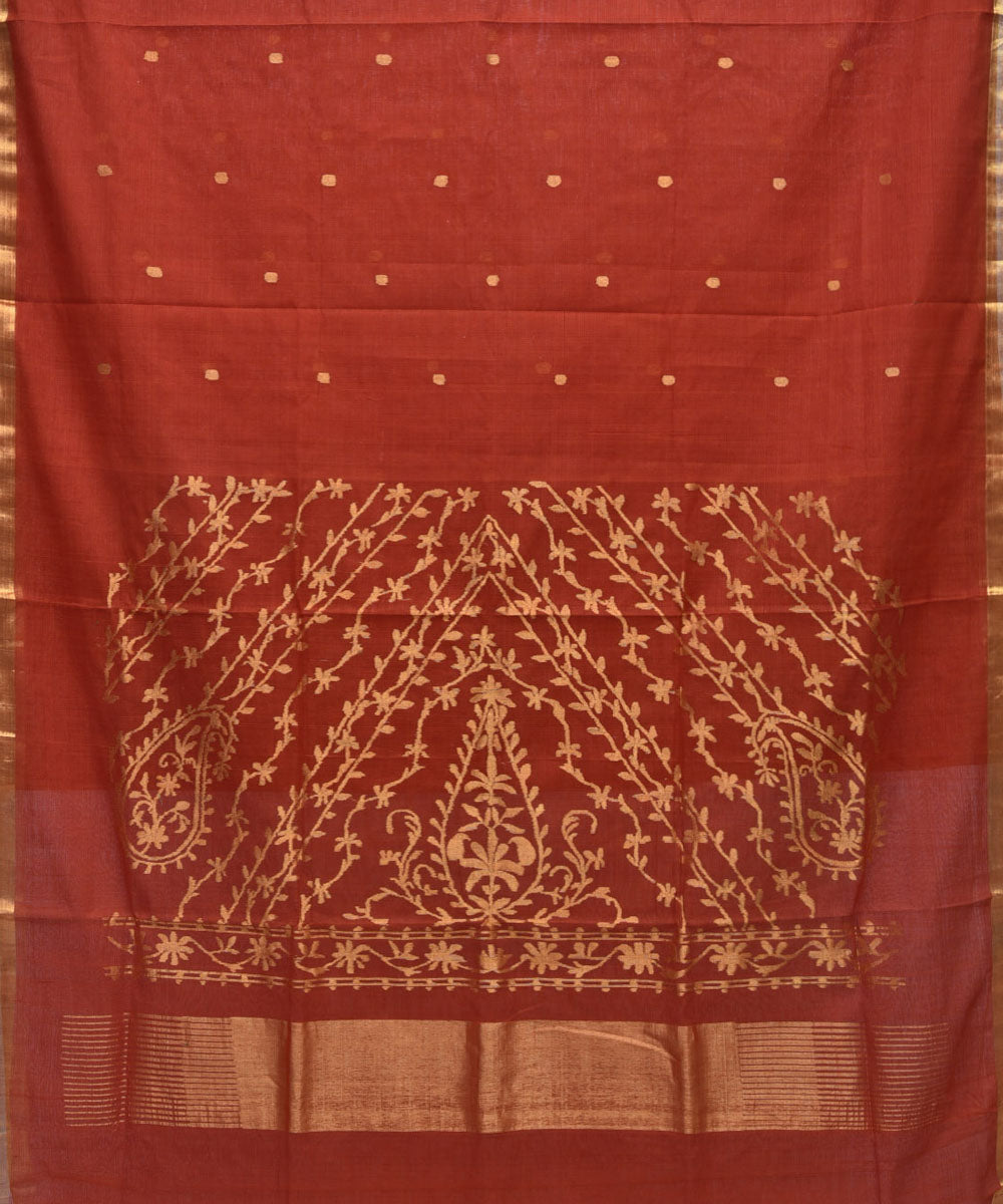 Brick brown cotton handspun handwoven Srikakulam Jamdani saree