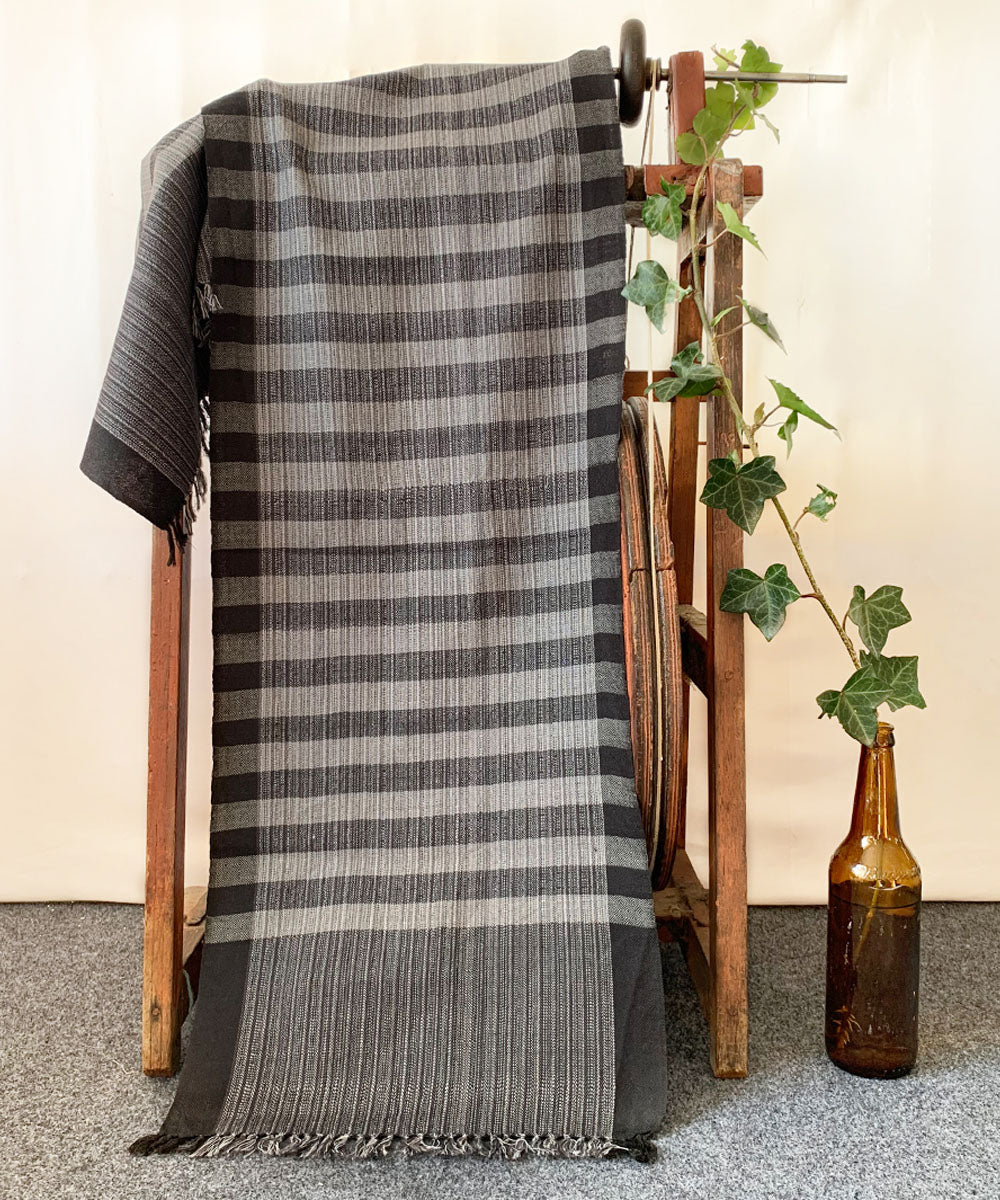 Grey black stripes handwoven wool scarf