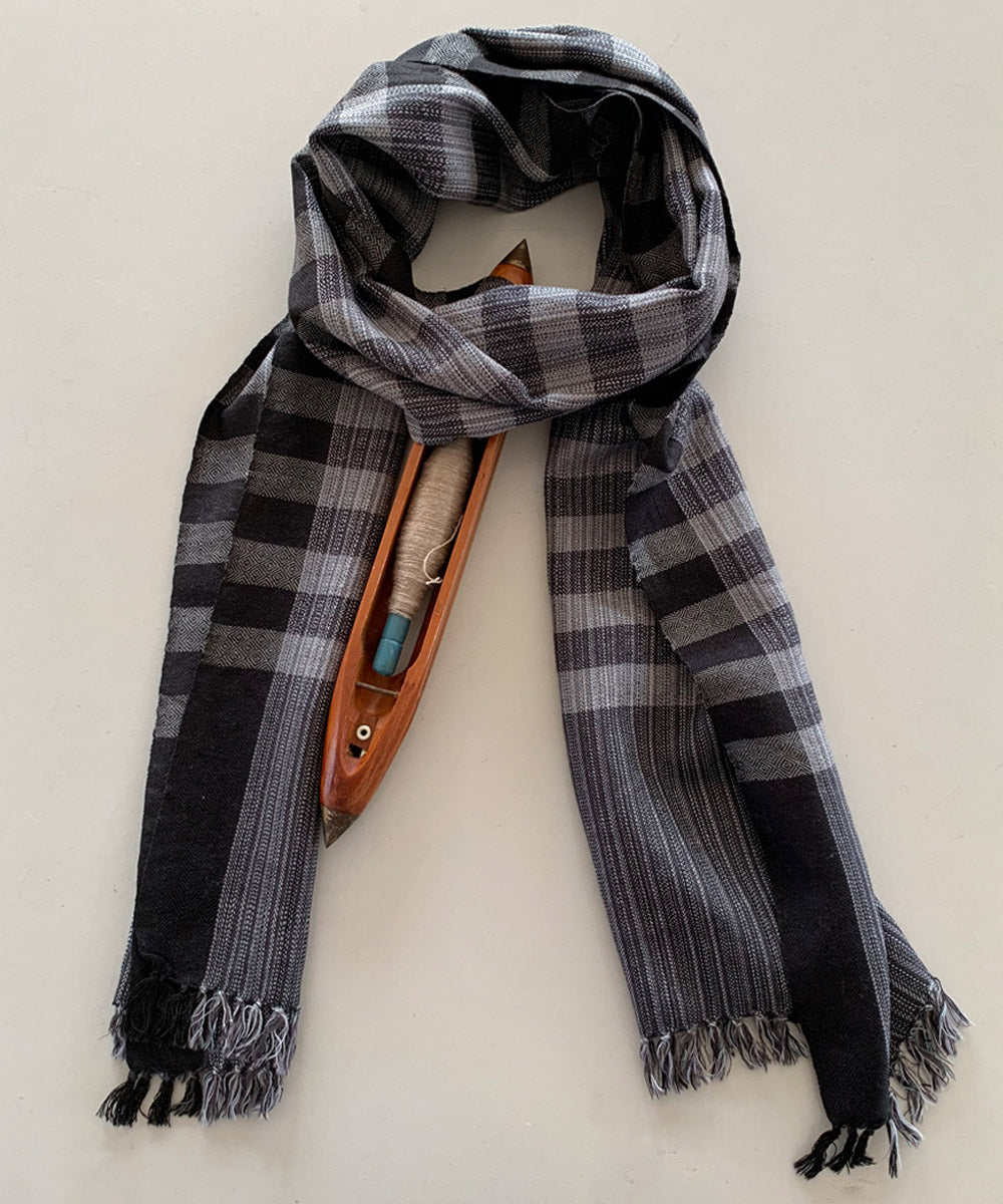 Grey black stripes handwoven wool scarf