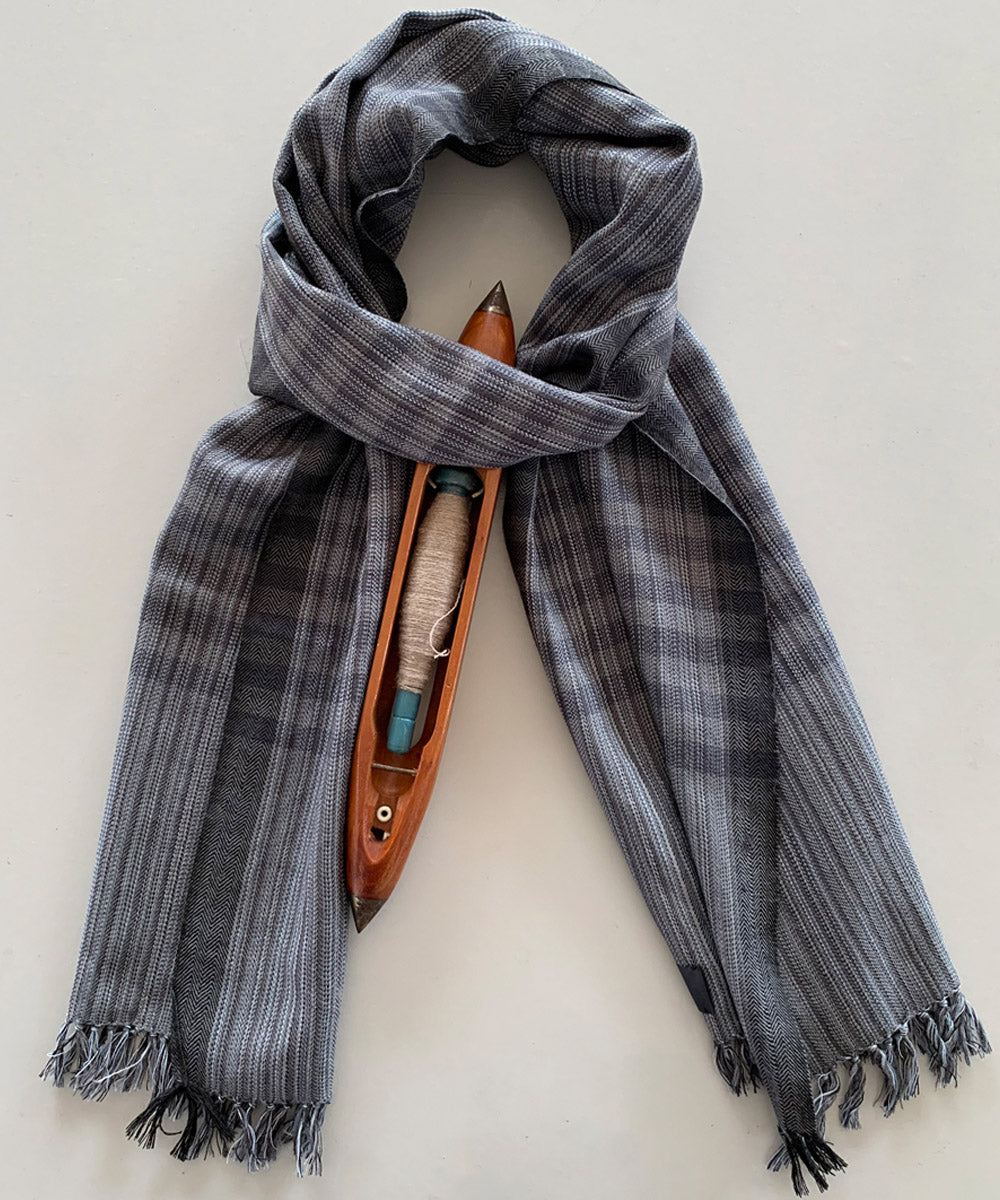 Grey black striped handwoven wool scarf