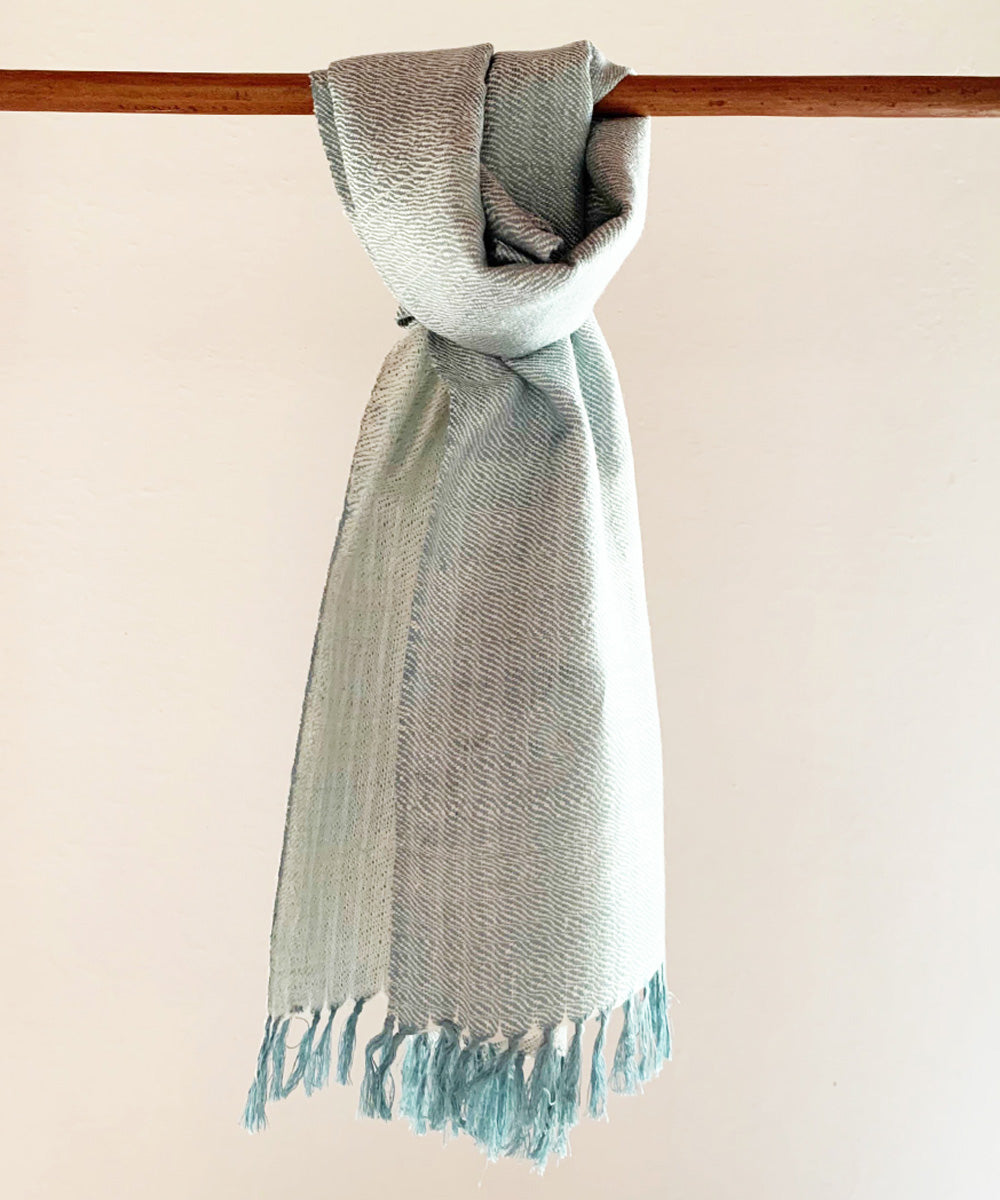 White and sky blue handwoven bamboo and silk scarf