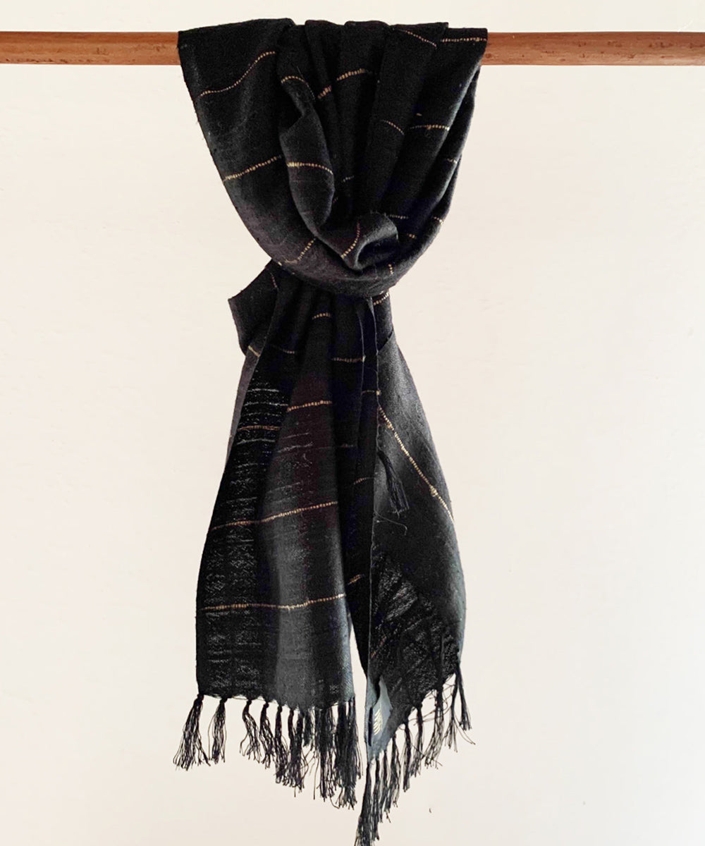 Jet black handwoven bamboo and silk scarf
