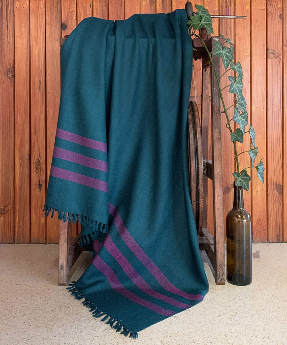 Teal green pink handwoven wool shawl