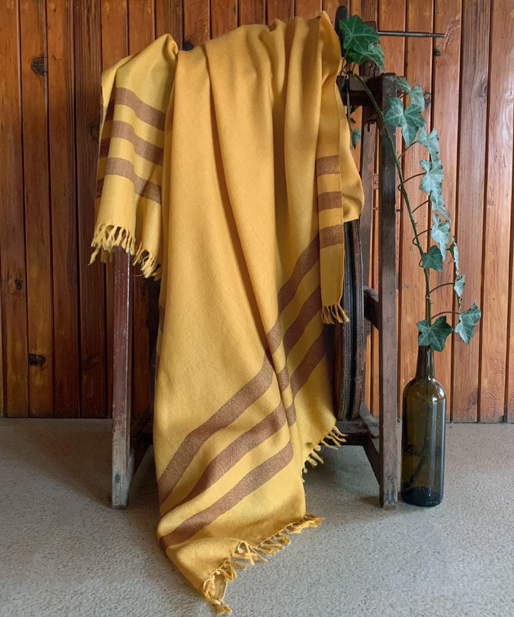 Yellow and brown handloom merino wool shawl