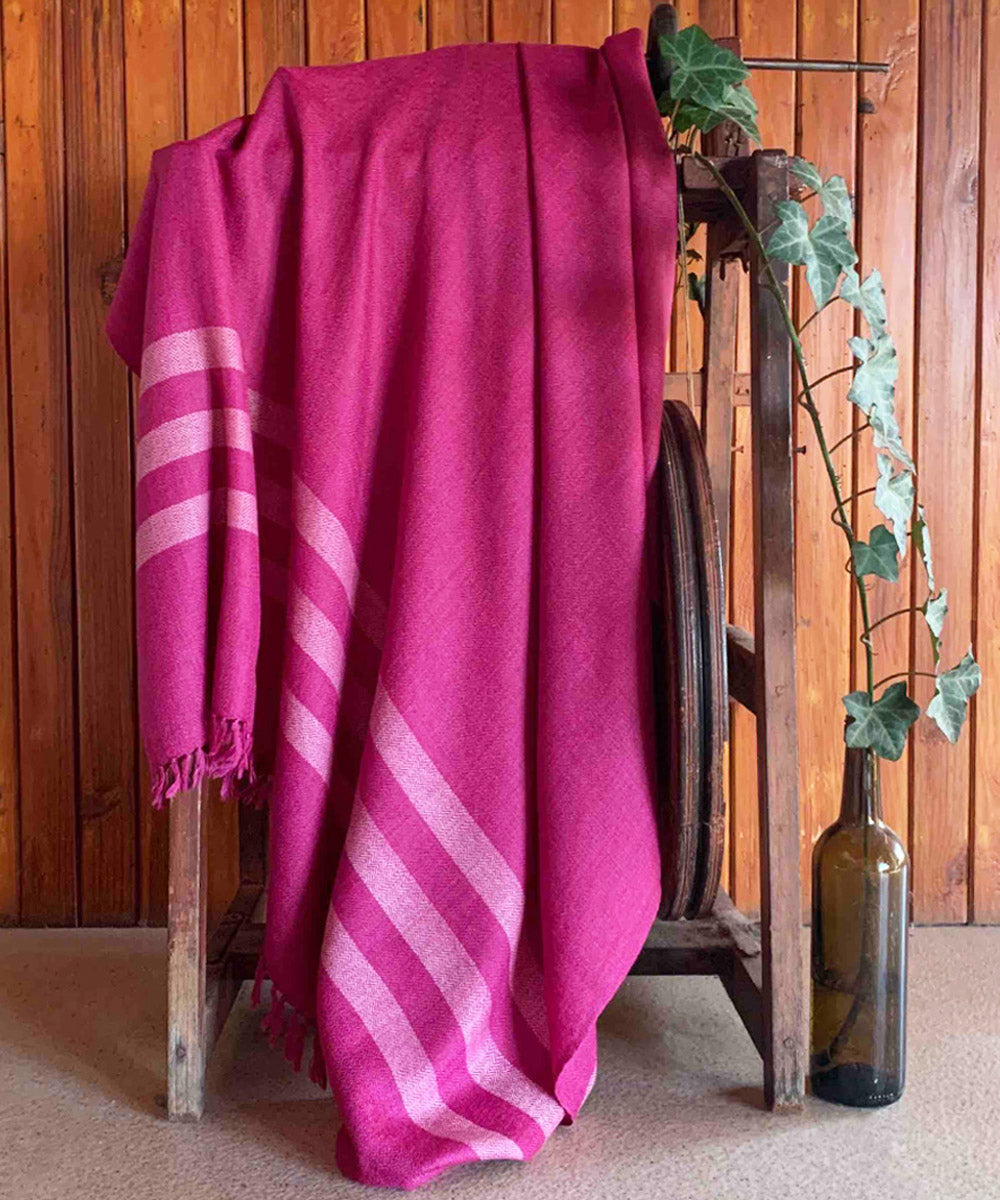 Pink and white handloom merino wool shawl