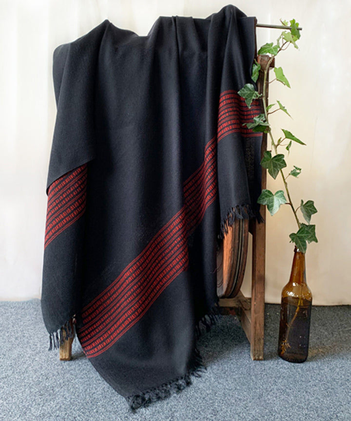 Jet black and red handwoven wool shawl