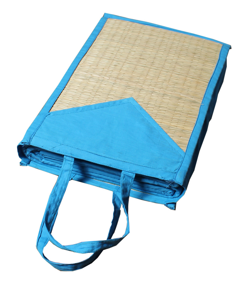 Beige blue handwoven sabai grass yoga mat