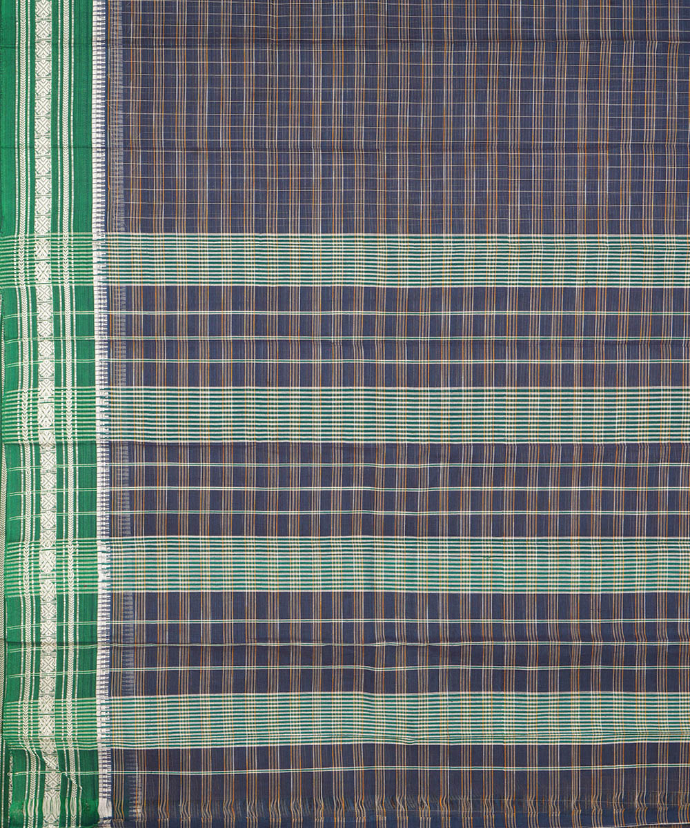 Grey blue checks green border cotton handwoven narayanapet saree