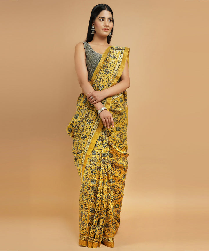 Mustard cotton silk handblock dabu print sari
