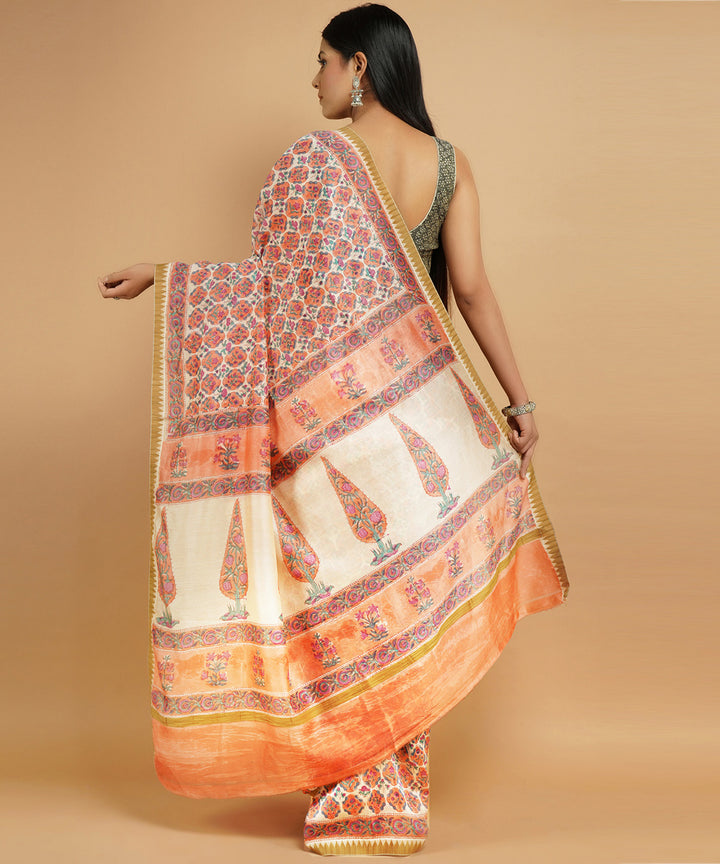 Multi color gheecha border cotton silk handblock dabu print sari