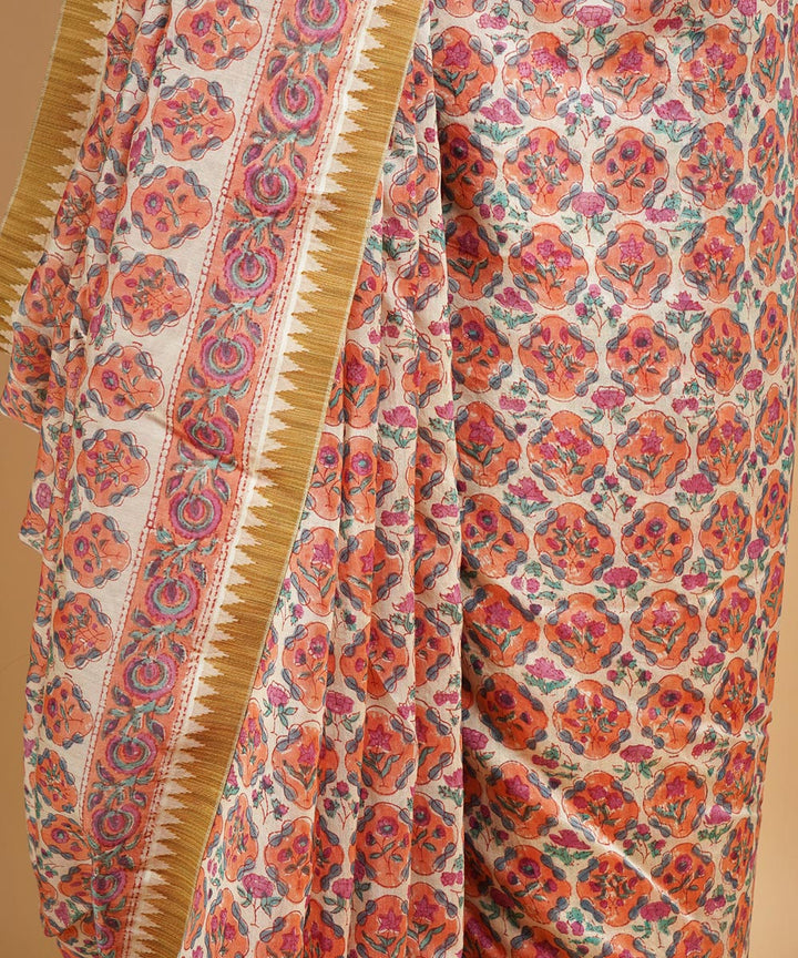 Multi color gheecha border cotton silk handblock dabu print sari