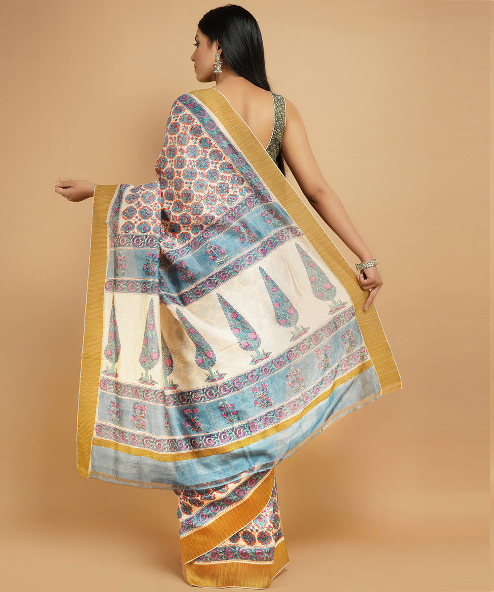 Multicolour gheecha border cotton silk handblock dabu print sari