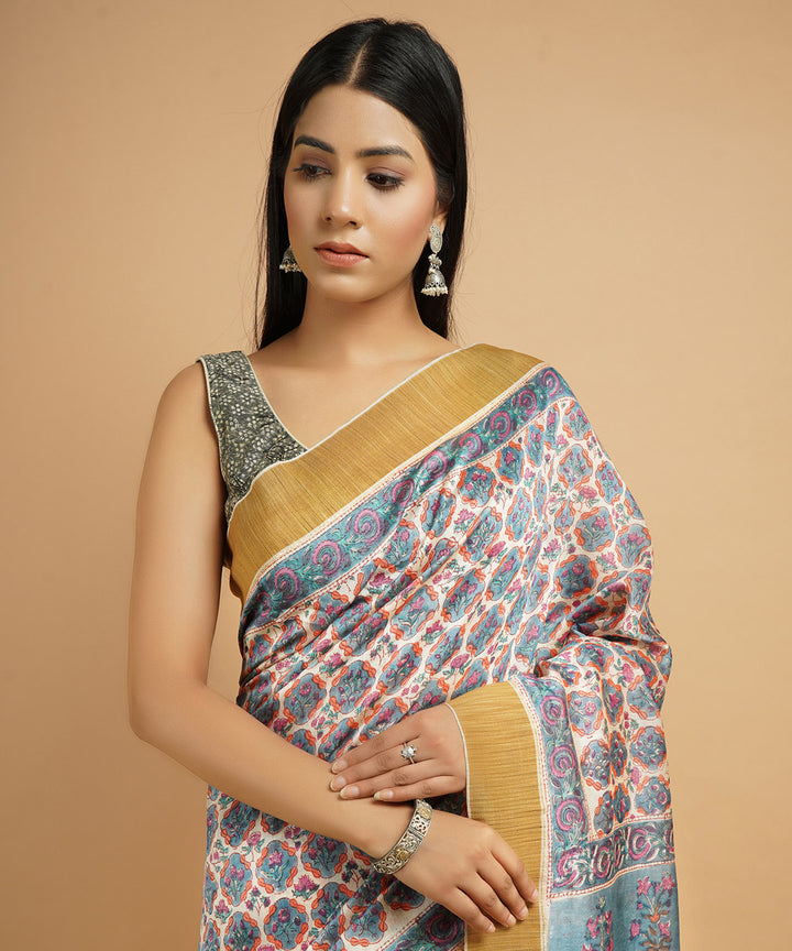 Multicolour gheecha border cotton silk handblock dabu print sari