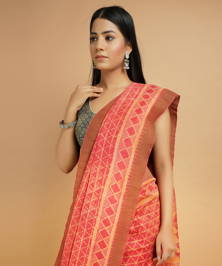 Orange gheecha border cotton silk handblock dabu print sari