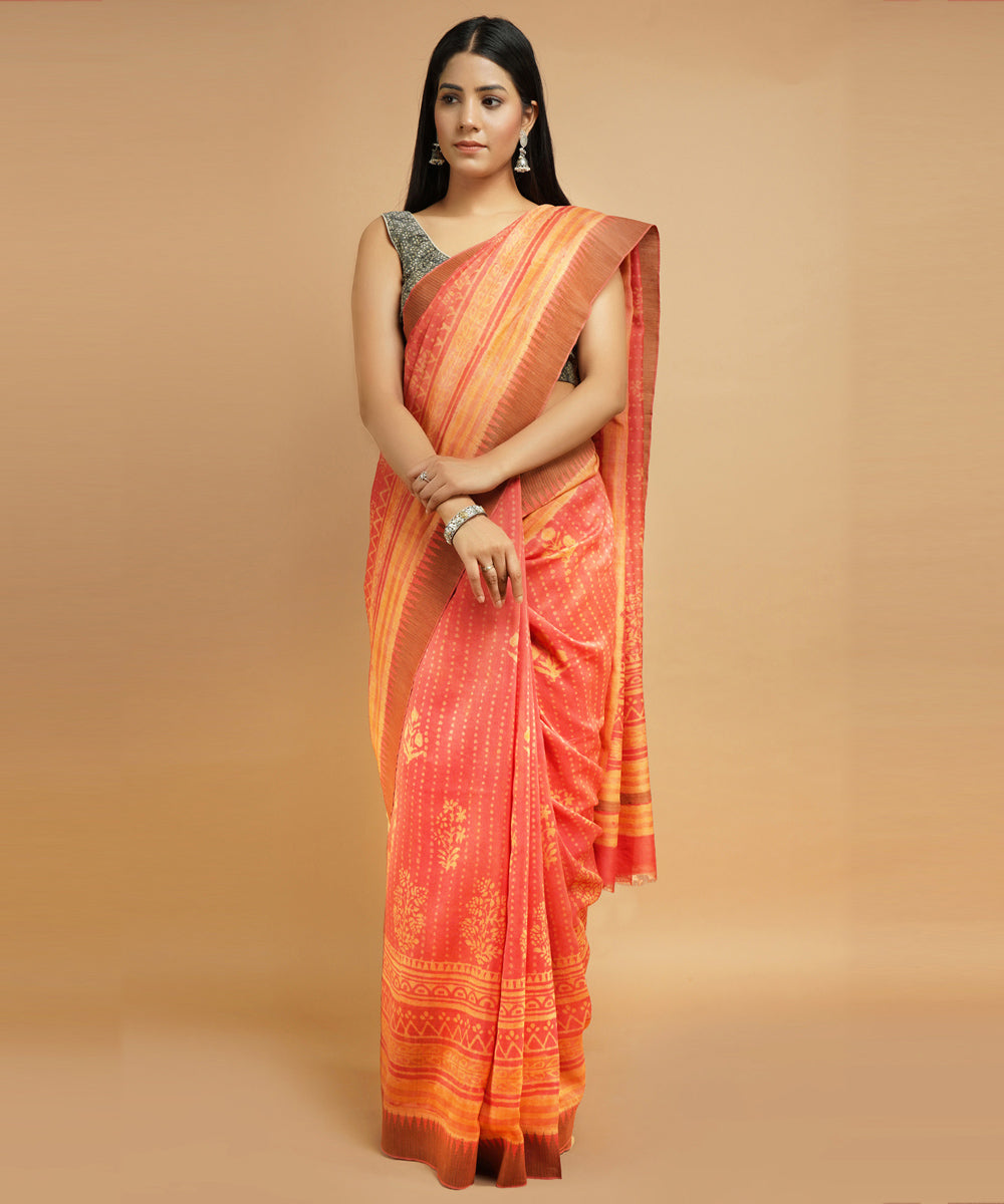 Light orange gheecha border cotton silk handblock dabu print sari
