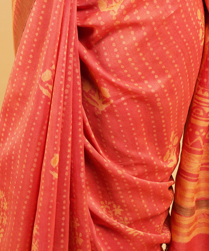 Light orange gheecha border cotton silk handblock dabu print sari