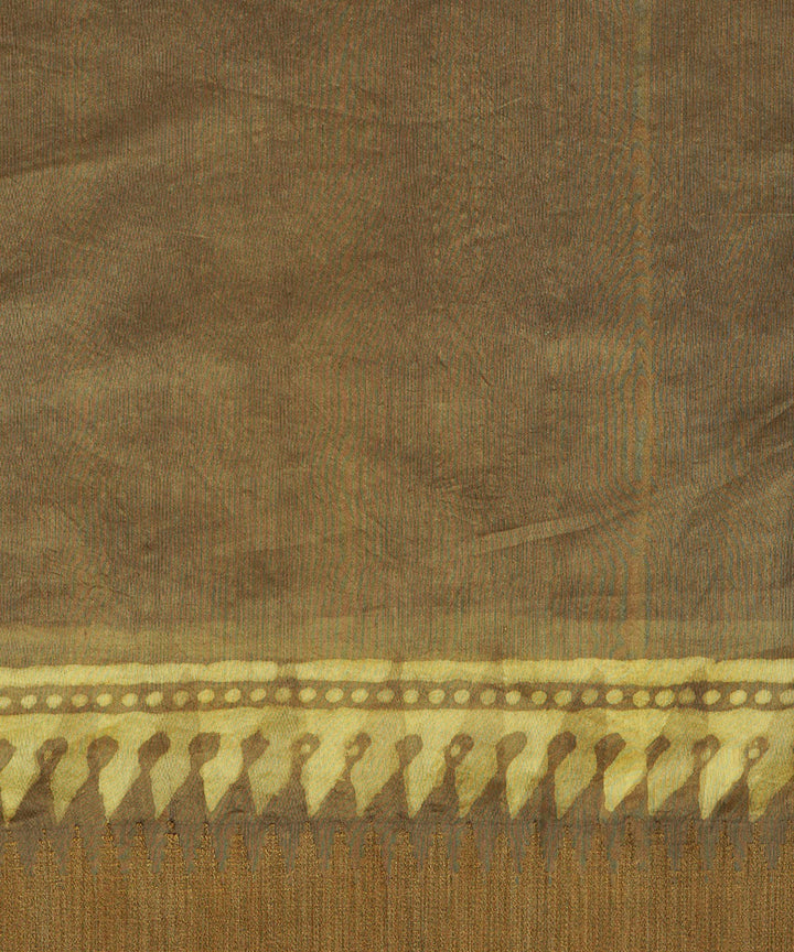 Olive green gheecha border cotton silk hand block dabu printed sari