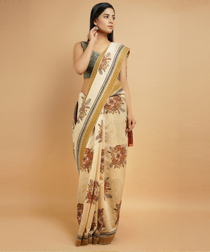 Cream gheecha border cotton silk hand block dabu print sari