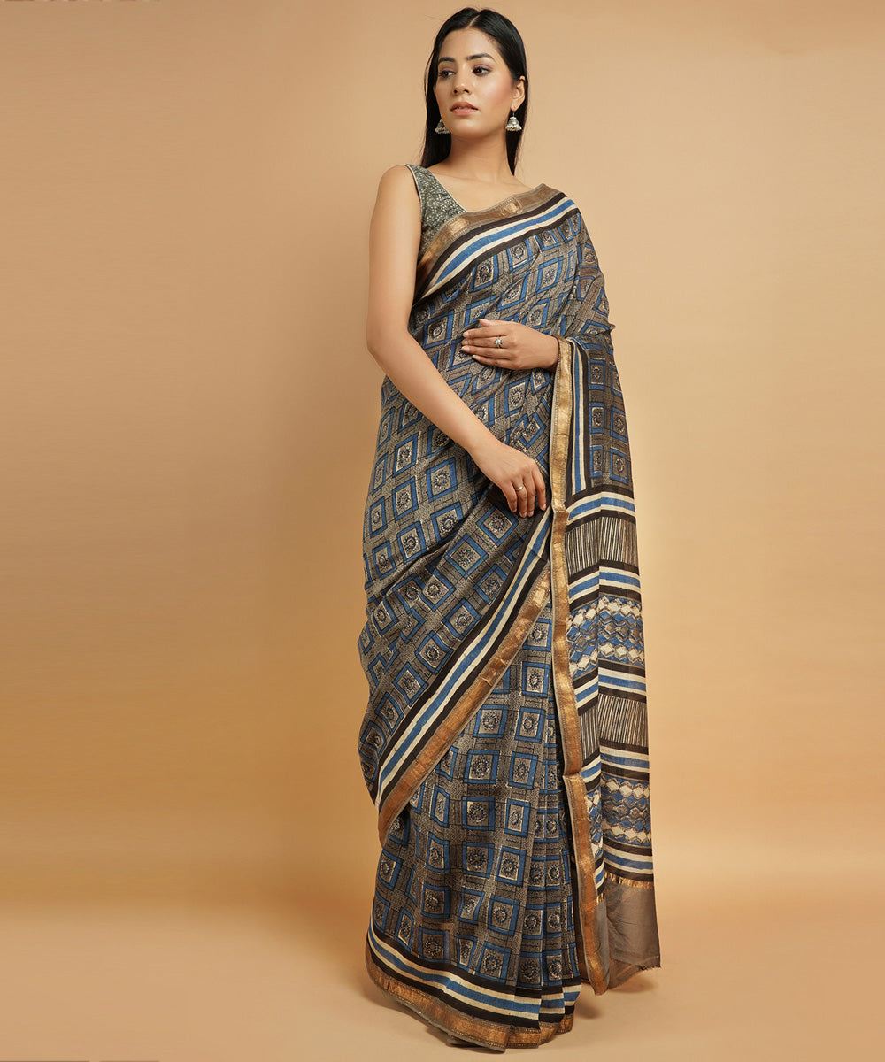 Grey cotton silk handblock dabu printed sari