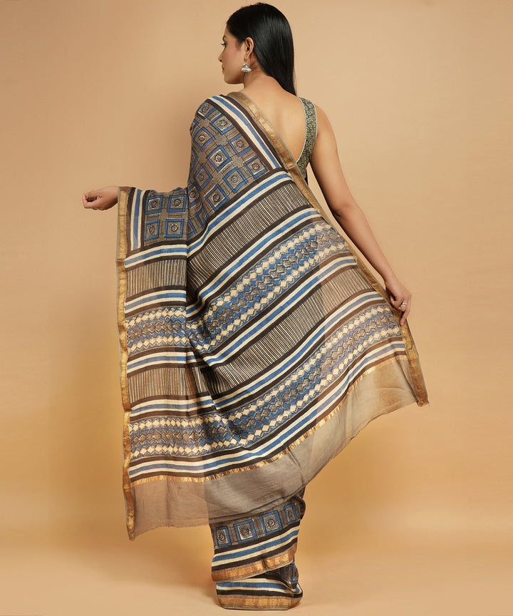 Grey cotton silk handblock dabu printed sari