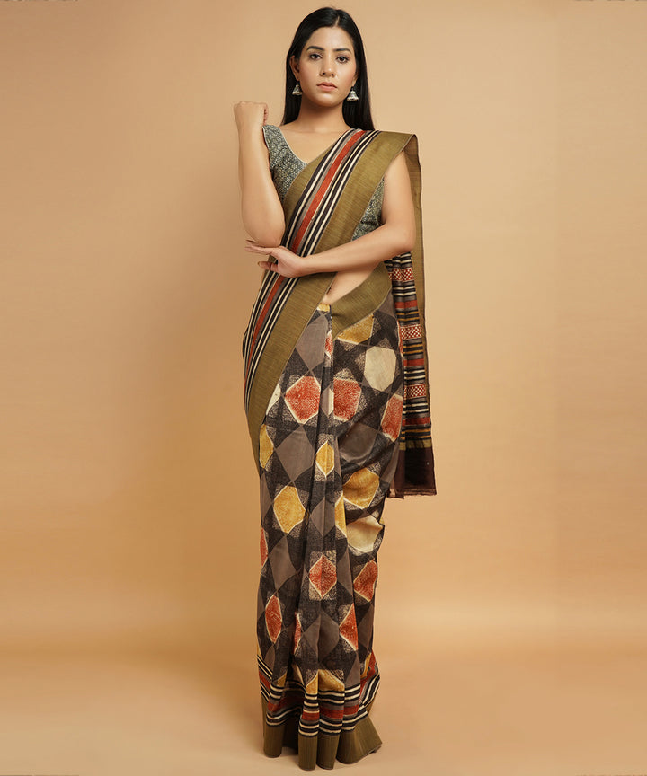 Multi colour gheecha border cotton silk hand block dabu print sari
