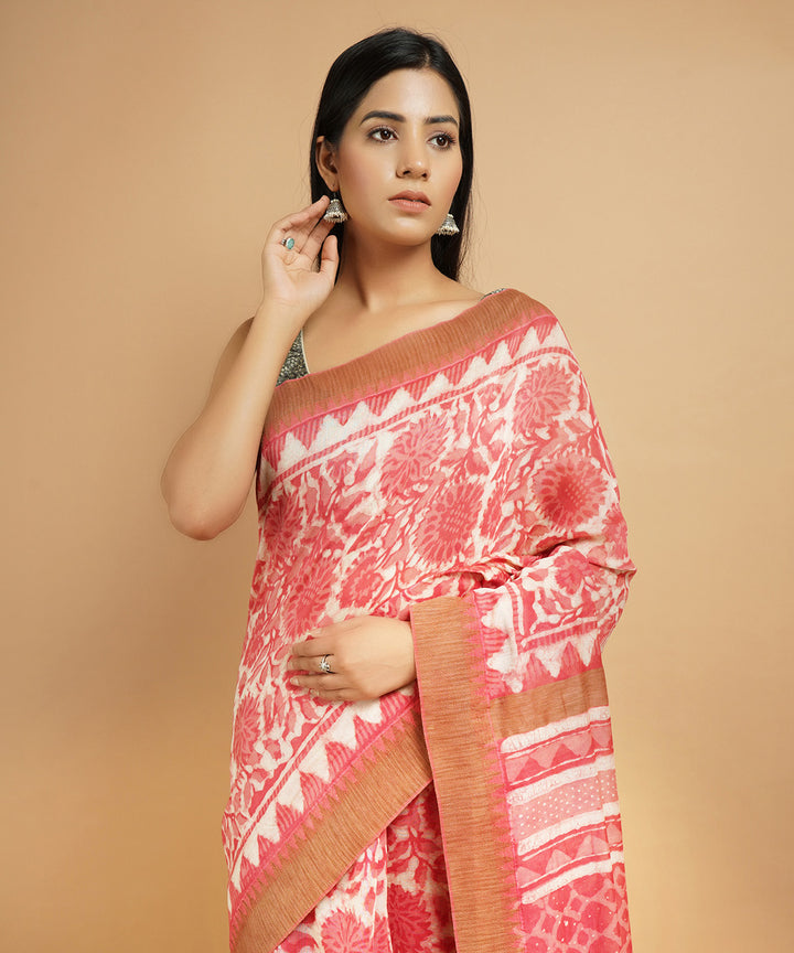 Peach gheecha border cotton silk handblock dabu print sari