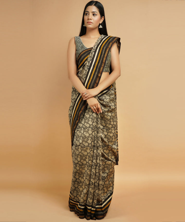 Grey and multicolor cotton silk handblock dabu print sari
