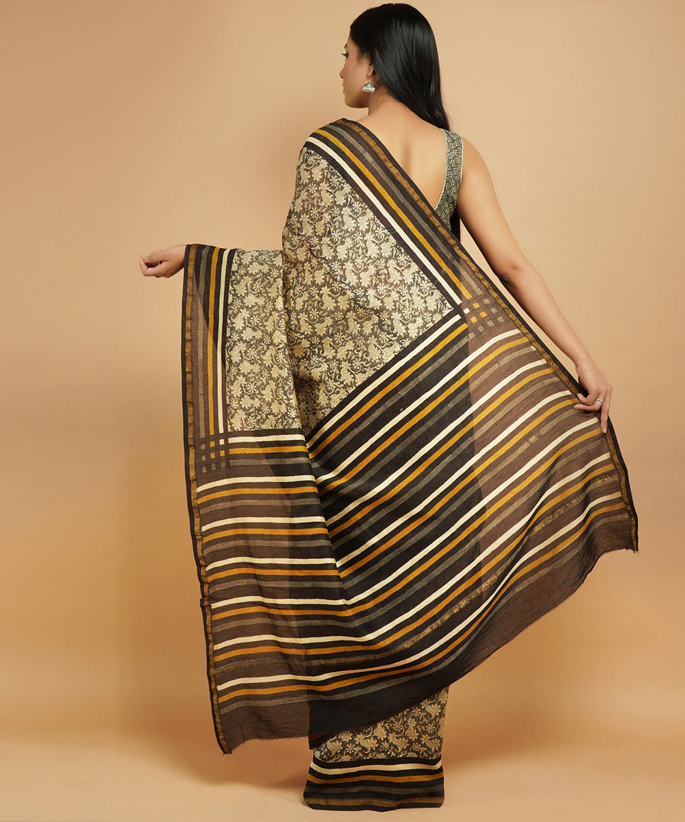 Grey and multicolor cotton silk handblock dabu print sari