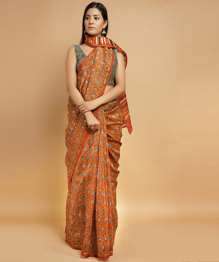 Orange cotton silk handblock dabu print sari