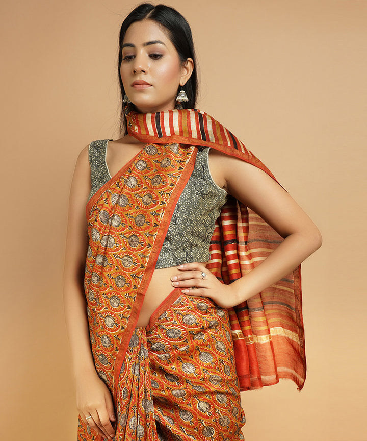 Orange cotton silk handblock dabu print sari