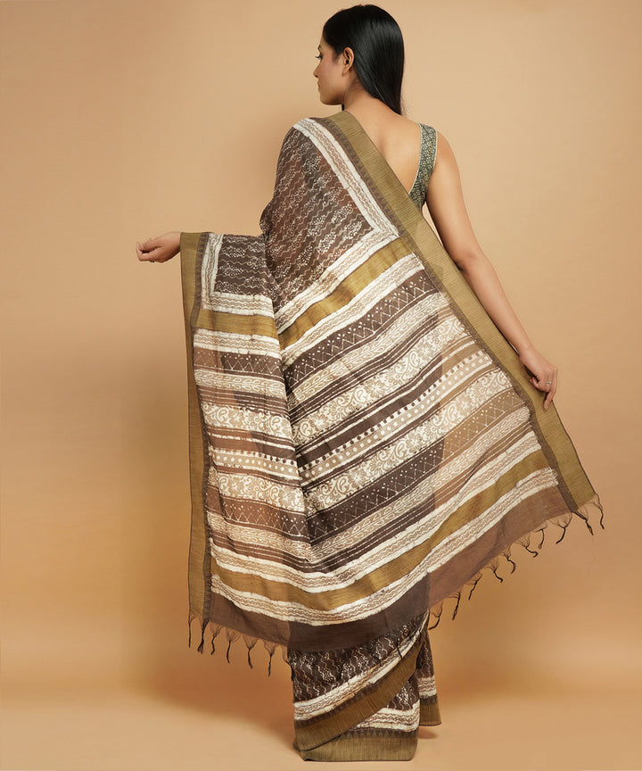 Grey gheecha border cotton silk handblock dabu print sari