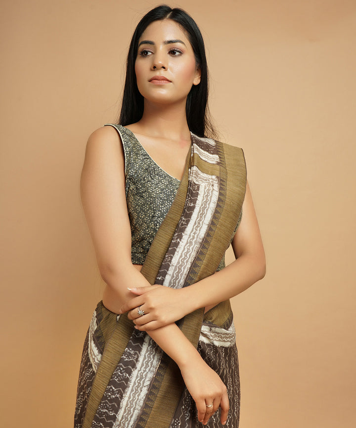 Grey gheecha border cotton silk handblock dabu print sari