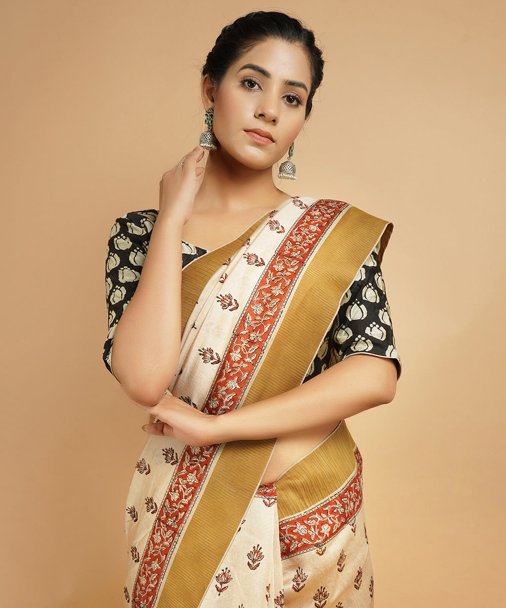 Cream gheecha border cotton silk hand block dabu printed sari