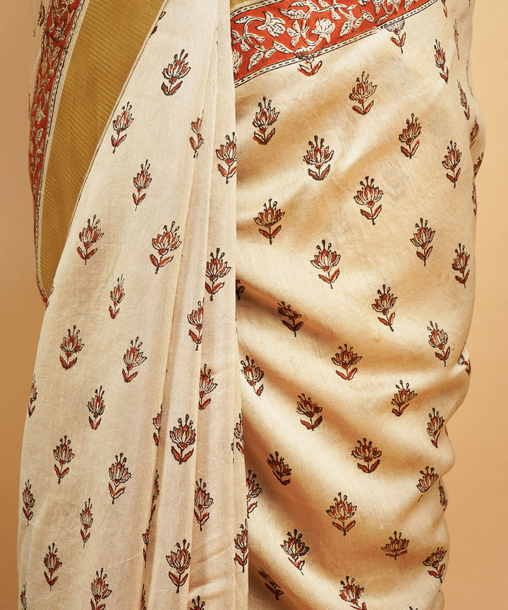 Cream gheecha border cotton silk hand block dabu printed sari