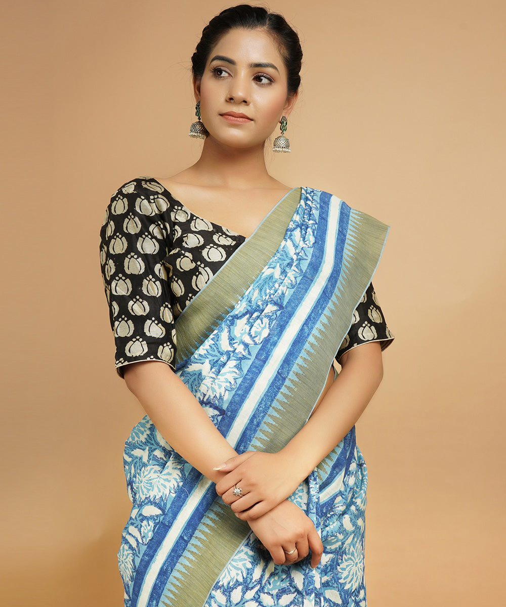 Indigo ghiccha border cotton silk handblock dabu print sari