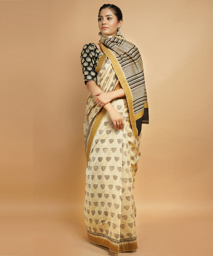 Cream ghiccha border cotton silk handblock dabu print sari
