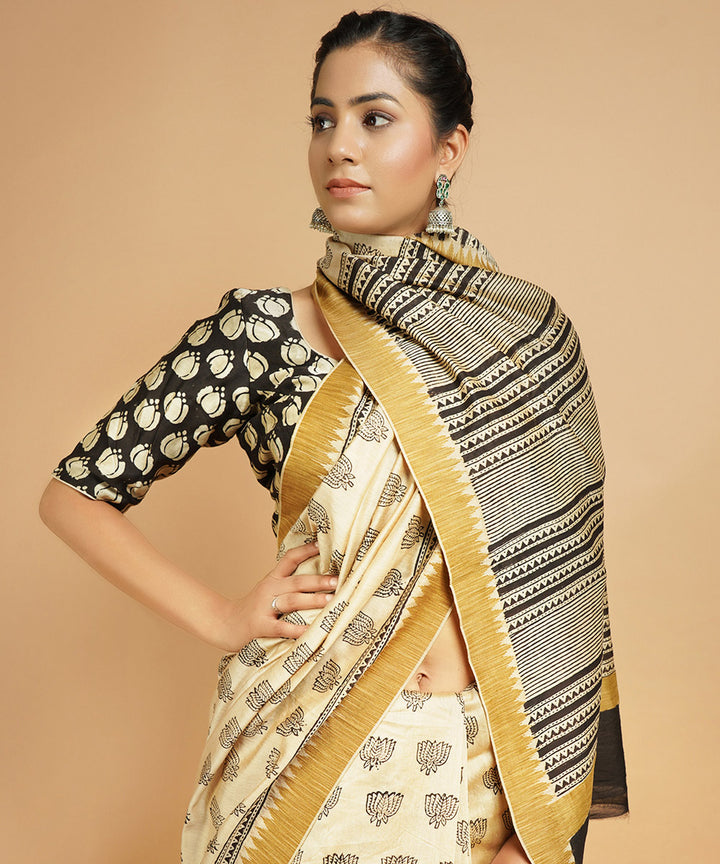 Cream ghiccha border cotton silk handblock dabu print sari