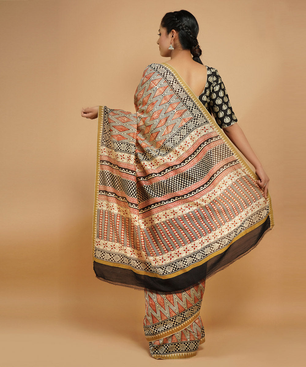 Multicolor ghiccha border cotton silk handblock dabu print sari
