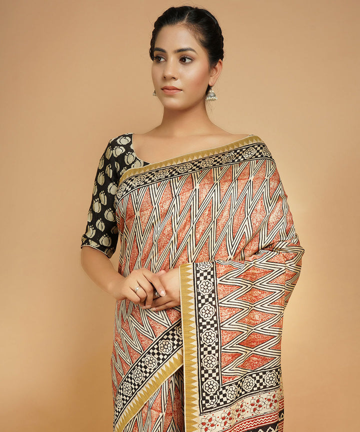 Multicolor ghiccha border cotton silk handblock dabu print sari