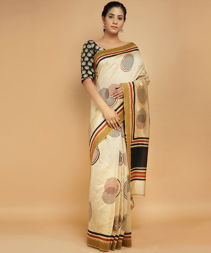 Cream gheecha border cotton silk handblock dabu print sari