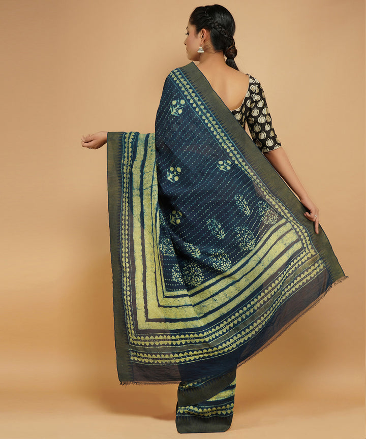 Indigo ghiccha border cotton silk hand block dabu print sari